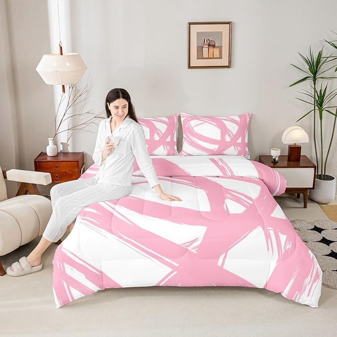 Pink and White Striped Bedding Set Full Size for Adults Youth Teens,Contemporary Boho Modern Art Comforter Set,Graffiti Stripes Lines Quilt,Aesthetic Geometric Duvet Insert for Minimalists