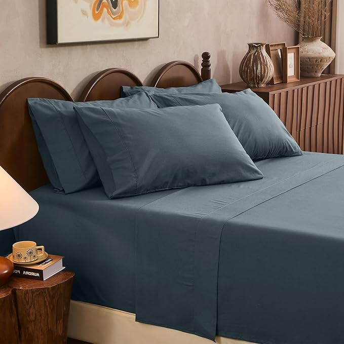 100% Linen Sheet Set King Size Extra Deep Pocket Fits 18-24 Inch Mattress, Breathable & Soft, Smooth 6-Piece Set for Thick Mattresses Hotel Luxury Bedding（King, Navy Grey）