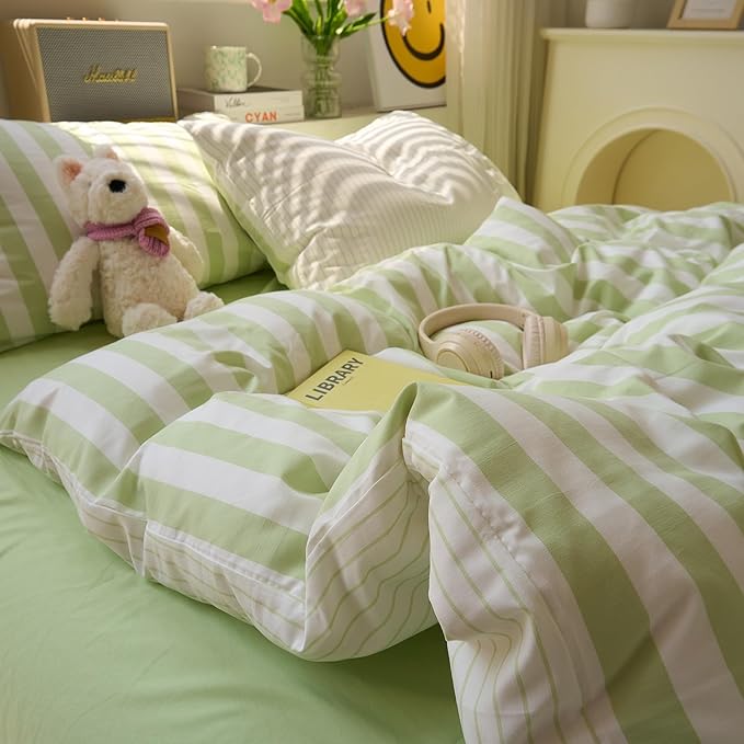 EAVD Green Striped Duvet Cover King Soft Washed Microfiber Chic Vertical Striped Bedding Set with 2 Pillowcases Reversible Farmhouse Geometric Duvet Cover with Zipper Closure