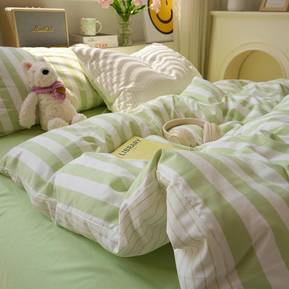 EAVD Green Striped Duvet Cover King Soft Washed Microfiber Chic Vertical Striped Bedding Set with 2 Pillowcases Reversible Farmhouse Geometric Duvet Cover with Zipper Closure