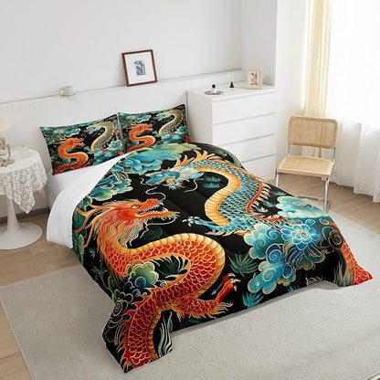 Castle Fairy Chinese Loong Boys Girls Comforter Set,Wild Animals Dragon Duvet Set for Room Decor,Propitious Cloud Brushed Microfiber Soft Quilt Cover,Full