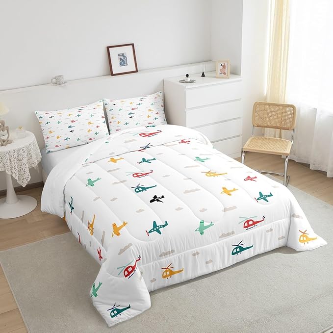 Kids Aircraft Twin Size Down Comforter Set,Watercolor Transportation Vehicles Duvet/Quilt Set Soft Bed Collection,Boys Airplanes Colorful Helicopter Bedding Comforter for Boys Girls Bedroom,2 Pcs