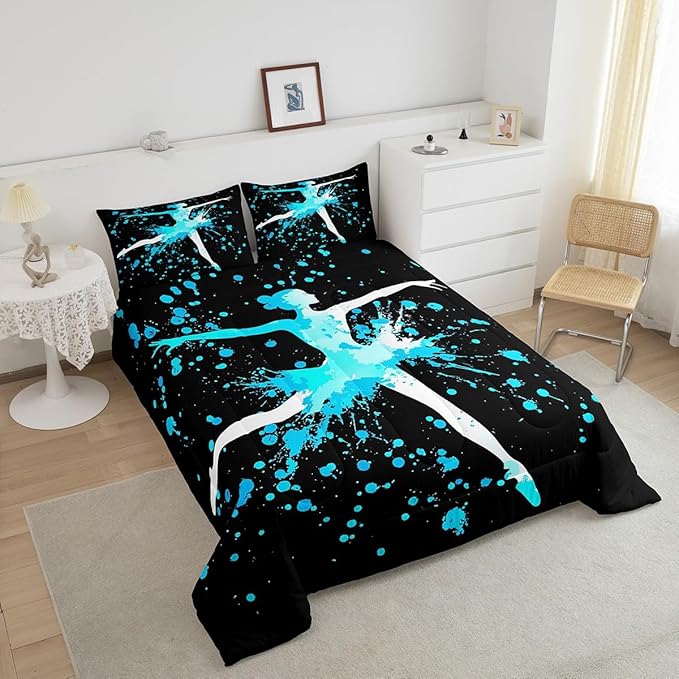 Erosebridal Girls Gymnastics Bedding Set - Blue Tie Dye Queen Size Comforter Set with Down Comforter for Gymnast Kids & Teens - Dance Room Decor & Sport Game Duvet Set