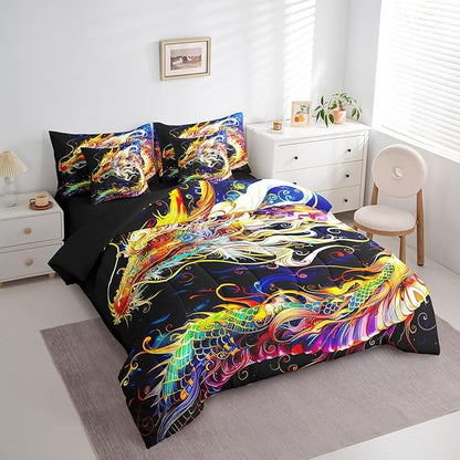 Erosebridal 3D Dragon Comforter Set 7 Piece Bed in a Bag Twin,Watercolor Dragon Scale Bedding Sets Antique Mythical Animal Gothic Sheet Set with Comforter