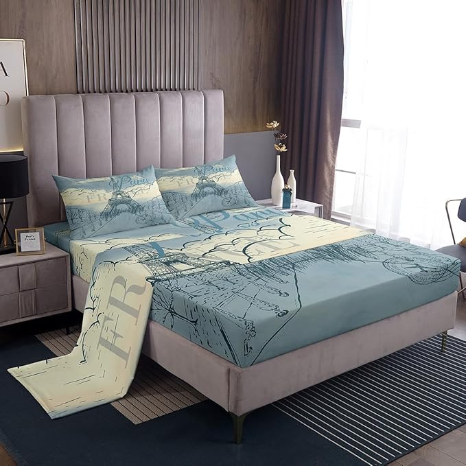 Eiffel Tower Bed Sheets Set Retro Paris Style Fitted Sheet Vintage Cityscape Bedding Set for Bedroom Decor Boys Girls Landmark Sheet (Twin Flat Sheet & Fitted Sheet with 1 Pillow Case)