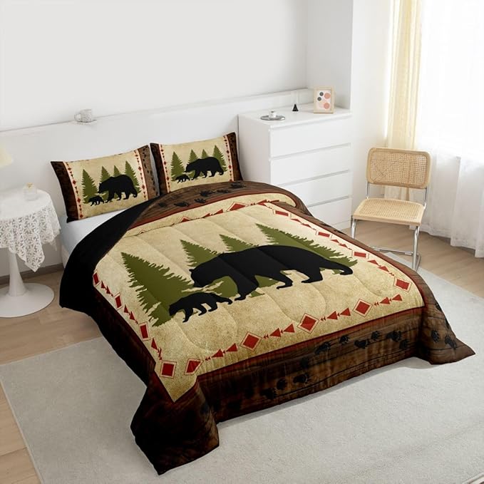Erosebridal Bear Comforter Set Twin Size Rustic Farmhouse Wildlife Bedding Wild Animals Quilt Country Cabin Lodge Decor Down Comforter Nature Woodland Bear Paw Print Duvet Insert Brown Green