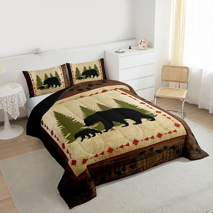 Erosebridal Bear Comforter Set Twin Size Rustic Farmhouse Wildlife Bedding Wild Animals Quilt Country Cabin Lodge Decor Down Comforter Nature Woodland Bear Paw Print Duvet Insert Brown Green