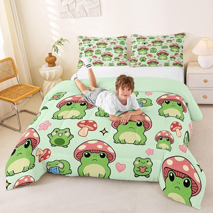 Mushroom Frog Comforter Set Queen Size Cute Mushroom Bedding Set 3pcs for Kids Girls Boys Bedroom Decor Cartoon Animals Plants Quilt Set Pink Green Duvet Insert,2 Pillowcases