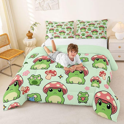 Mushroom Frog Bedding Set Full Size Cute Mushroom Comforter Set 3pcs for Kids Girls Boys Bedroom Decor Cartoon Animals Plants Quilt Set Pink Green Duvet Insert,2 Pillowcases