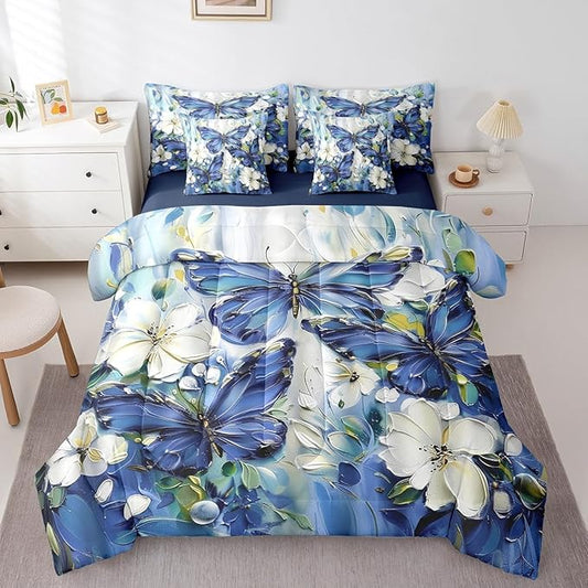 Erosebridal 7 Piece Blue Butterfly Twin Bedding Set with Sheets for Girls White Flowers Oil Painting Boho Bed in A Bag Retro Floral Butterfly Comforter Set,Aesthetics Bohemian Animal Bed Set