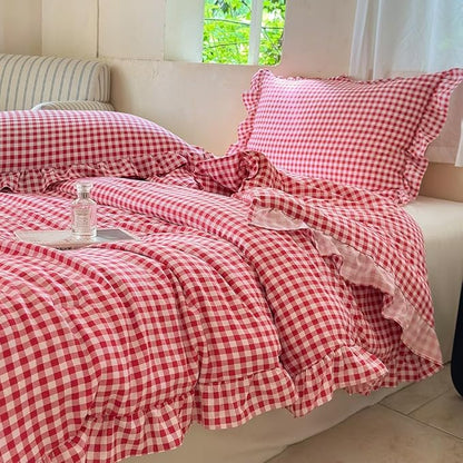 NSNLGSGC Red Ruffle Gingham Comforter Set King, Pre-Washed Ruffled Plaid Checked Comforter Bedding, 3 Pieces Vintage Farmhouse Grid Bedding Set(Red Gingham, King)