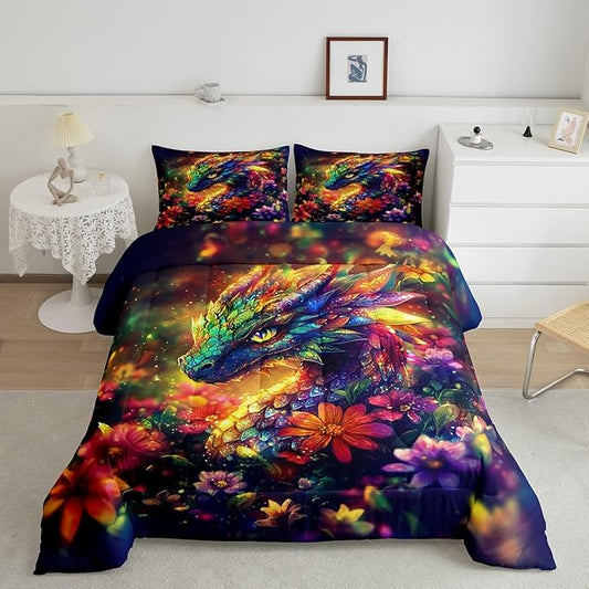 Feelyou Dragon Comforter Set Queen Size Shiny Dragon Comforter for Boys Girls Teens Wild Life Bedding Set Dragon Decor Duvet Set Room Decor Muticolor Quilt Set