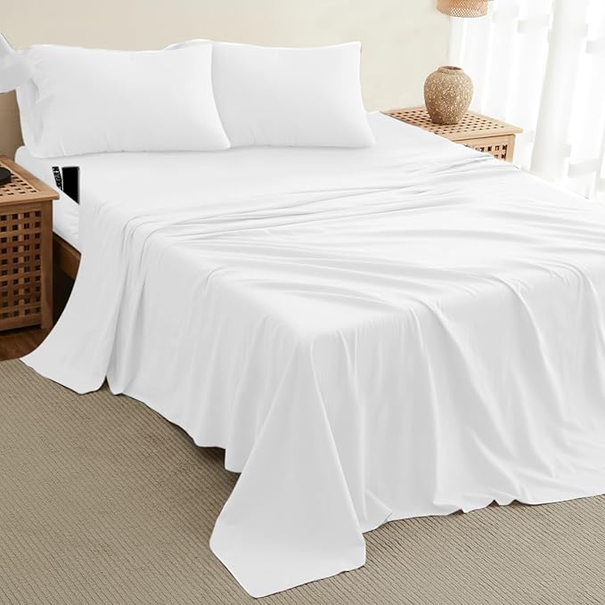 DREAMCARE King Size Sheets Set - Cooling Bed Sheets - 4pcs Set - up to 15" Deep Pocket King Sheet Set – Soft & Long Lasting Cooling - 100% Fine Brushed Polyester with Side Pocket - White