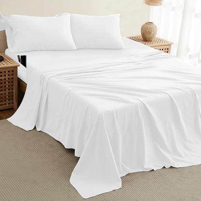 DREAMCARE King Size Sheets Set - Cooling Bed Sheets - 4pcs Set - up to 15" Deep Pocket King Sheet Set – Soft & Long Lasting Cooling - 100% Fine Brushed Polyester with Side Pocket - White