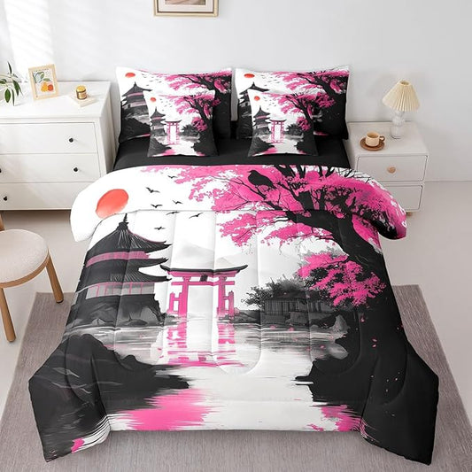 Erosebridal Japanese King Comforter Set 7 Piece Sun Cherry Blossom Bedding Set for Teen Girls Women Watercolor Pink Black Mountain Sakura Floral Bed in A Bag Asian Chinese Ink Anime Sheet Set