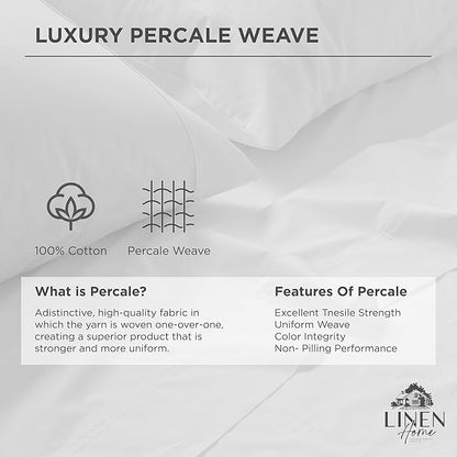 Linen Home 100% Cotton Percale Pillowcases Standard/Queen Size, Set of 2, Crisp, Cool & Breathable for Hot Sleepers, Long Staple Combed Cotton, Snow White, 20x30