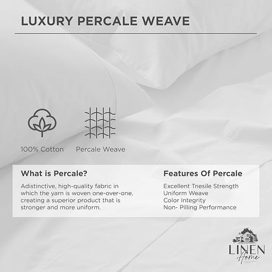 Linen Home 100% Cotton Percale Pillowcases Standard/Queen Size, Set of 2, Crisp, Cool & Breathable for Hot Sleepers, Long Staple Combed Cotton, Snow White, 20x30