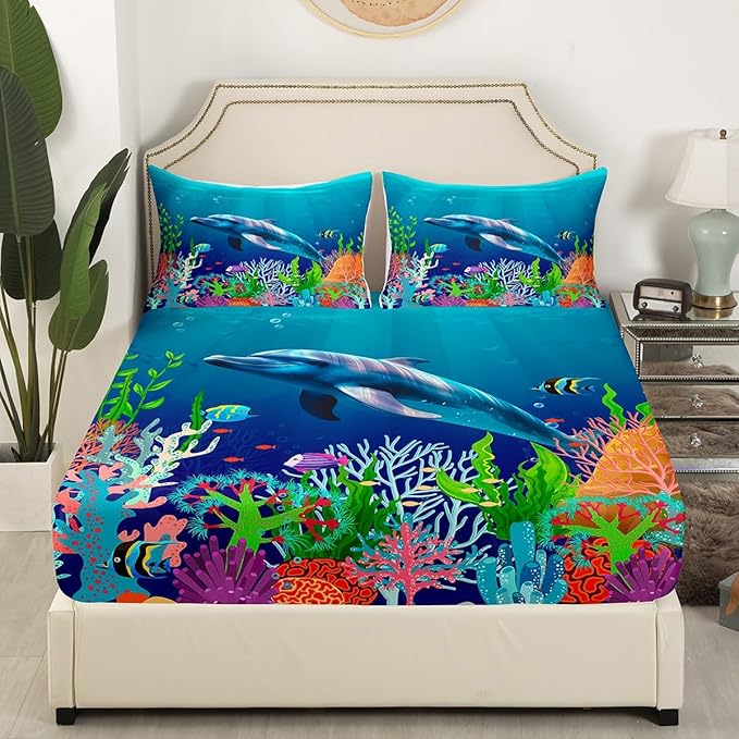 Cute Dolphin Kids Bed Sheets Set Ocean Fish Coral Fitted Sheet Cartoon Undersea Boys Girls Bedding Set for Bedroom Decor Blue Underwater Sheets (Full Flat Sheet & Fitted Sheet with 2 Pillow Case)
