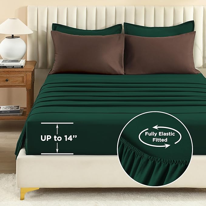 Litanika Twin/Twin XL Size Comforter Sets Brown Emerald Green - 5 Pieces Bed in a Bag, Lightweight Bed Set with Comforter, Sheets, Pillowcase & Sham