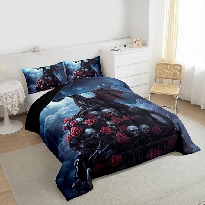 Castle Fairy Dragon Comforter Set for Kids,Halloween Skull Bedding Set Teens Boys Room Decor,Romantic Red Rose Comforter with 1 Pillowcase for All Seasons,Twin