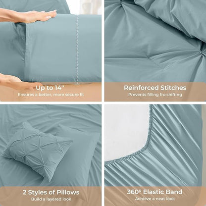 Sasttie California King Comforter Set, 7-Piece Bed in a Bag, Pintuck Bedding Sets for All Season, Includes Comforter, Flat Sheet, Fitted Sheet, Pillowcases and Pillowshams, Greyish Blue
