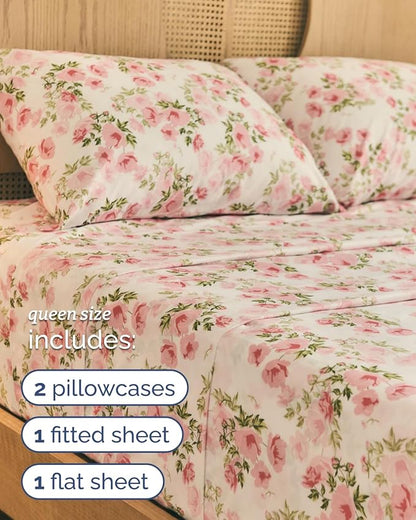 Floral Sheets - Pink Floral Bed Sheet Set - 1 Flat, 1 Fitted & 2 Pillowcases w/ Deep Pockets - Comfy, Wrinkle & Fade Free - Boho Botanical Bedding - Ultra-Soft, Breathable & Cooling - Queen Size Set