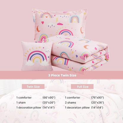 Twin Comforter Set for Girls-3 Pieces Pink Rainbow Glow in the Dark Twin Bedding Sets for Kids,1 Comforter,1 Sham and 1 Decor Pillow