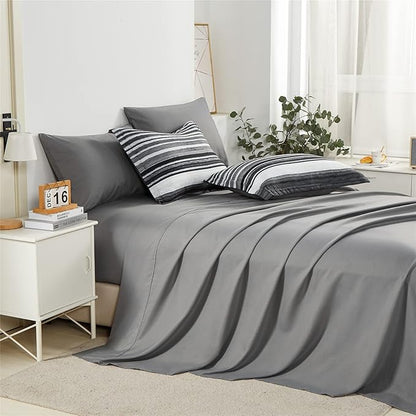 KAKIJUMN 7 Piece Bed in a Bag Stripe Comforter Set King Size, White Grey Black Patchwork Striped Comforter and Sheet Set, All Season Soft Microfiber Complete Bedding Sets(Grey,King)