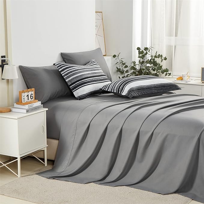KAKIJUMN 7 Piece Bed in a Bag Stripe Comforter Set Full Size, White Grey Black Patchwork Striped Comforter and Sheet Set, All Season Soft Microfiber Complete Bedding Sets(Grey,Full)