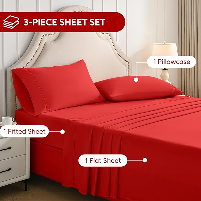 Twin Sheets Set, 3 Pieces Hotel Luxury Soft Microfiber Bed Sheets Set, Up to 16" Deep Pockets, Oeko-Tex Sheets with Elastic, Breathable, Wrinkle Free (Red, Twin)