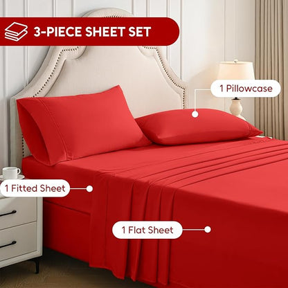 Twin Sheets Set, 3 Pieces Hotel Luxury Soft Microfiber Bed Sheets Set, Up to 16" Deep Pockets, Oeko-Tex Sheets with Elastic, Breathable, Wrinkle Free (Red, Twin)