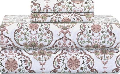 Feather & Stitch 500 TC Split King Size Sheet Set, 5 Piece Bed Sheets Set-2 Twin Fitted Sheet, 1 King Flat Sheet & 2 King Pillowcases, 18" Deep Pockets Sateen Weave Striped Bedsheet - Floral Bloom