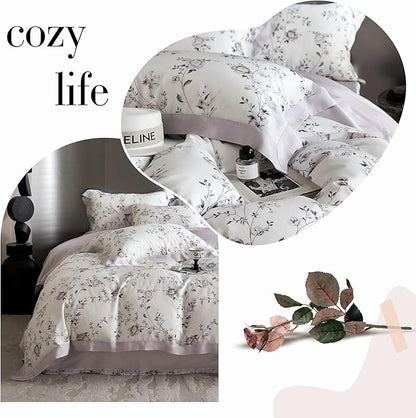 VM VOUGEMARKET Lyocell Duvet Cover King with 2 Pillow Shams,Vintage Garden Flower Bedding Set,Silky Soft, Cool-to-The-Touch Comforter Cover for Hot Sleeper-King,Purplish Grey