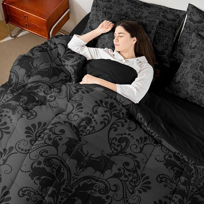 Erosebridal Gothic Damask Bed in a Bag King Size Comforter Set 7 Pieces,Halloween Bat Bedding Sets Black Grey Victorian Floral Goth Sheet Set with Comforter