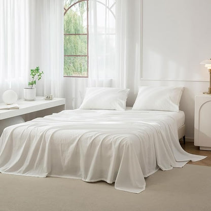 JIYUAN Full Size Sheet Set, 4-Piece - 100% Washed Cotton, Linen-Like Soft & Breathable, Includes Deep Pocket Fitted & Flat Sheet with 2 Pillowcases, Hotel Quality, Solid Off White
