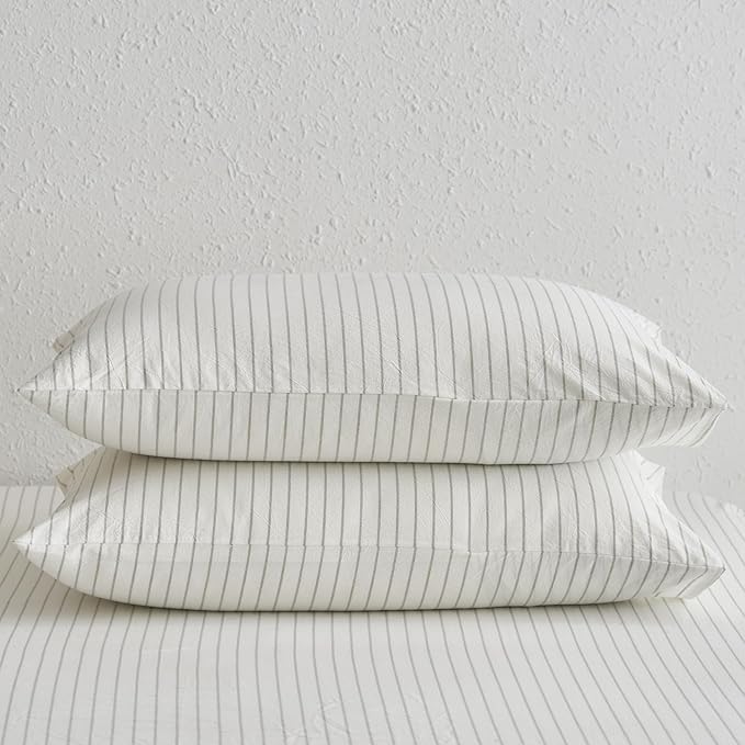 MooMee Bedding Pillowcases Striped Pack of 2 100% Washed Cotton Linen Like Textured Breathable Durable Soft Comfy (White Sage Green Wide Stripes, King)