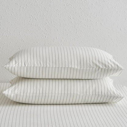 MooMee Bedding Pillowcases Striped Pack of 2 100% Washed Cotton Linen Like Textured Breathable Durable Soft Comfy (White Sage Green Wide Stripes, King)