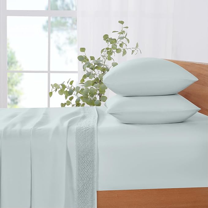 Modern Threads 4 Piece Microfiber Sheet Set – Soft Cooling Bed Sheets with Crochet Lace – Deep Pocket, Wrinkle Free, Breathable, Hotel Luxury Bedding, Pale Aqua, Full