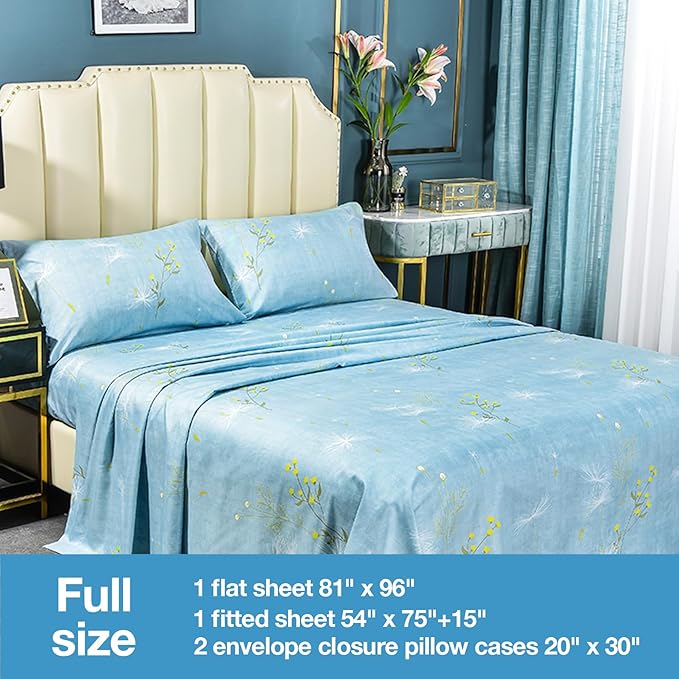 JSD Blue Floral Print Sheet Set Full Size, 4 Piece Soft Botanical Microfiber Sheets Extra Deep Pocket Wrinkle Free