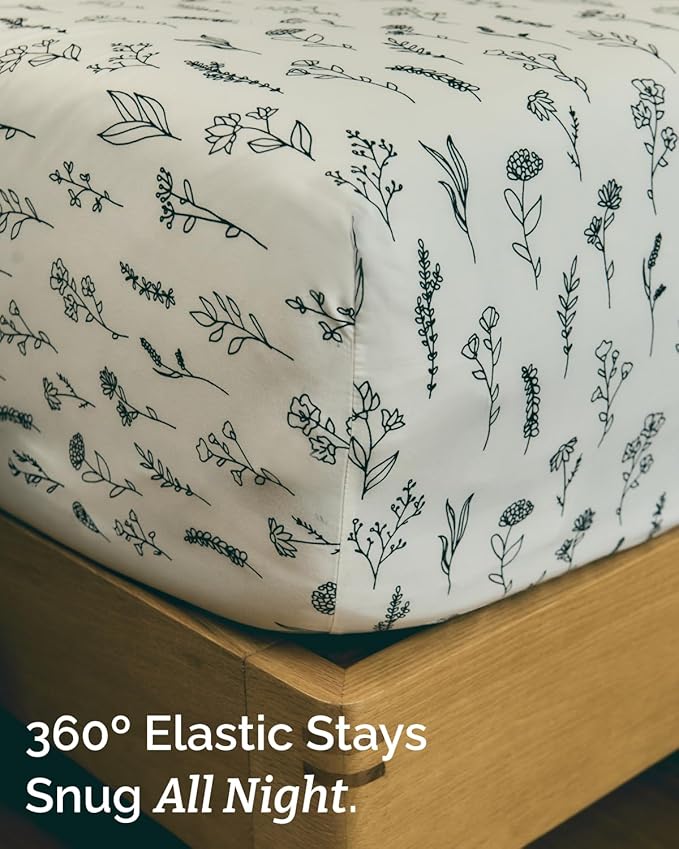 Floral Sheets - Black & White Floral Bed Sheet Set - 1 Flat, 2 Fitted & 2 Pillowcases w/ Deep Pockets - Wrinkle & Fade Free - Boho Botanical Bedding - Soft, Breathable & Cooling - Split King Size Set