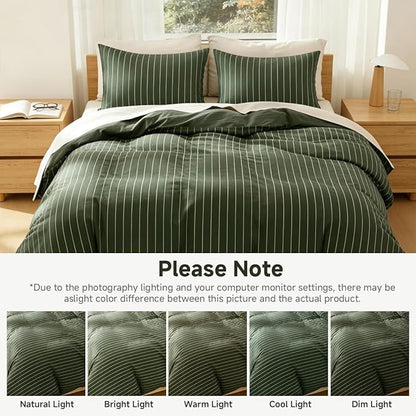 Striped Comforter Set Twin Size - 2 Pieces Green White Striped Comforter Bedding Sets Checkered Pattern,Twin Bed in a Bag with Stripes Comforter and 1 Pillowcase