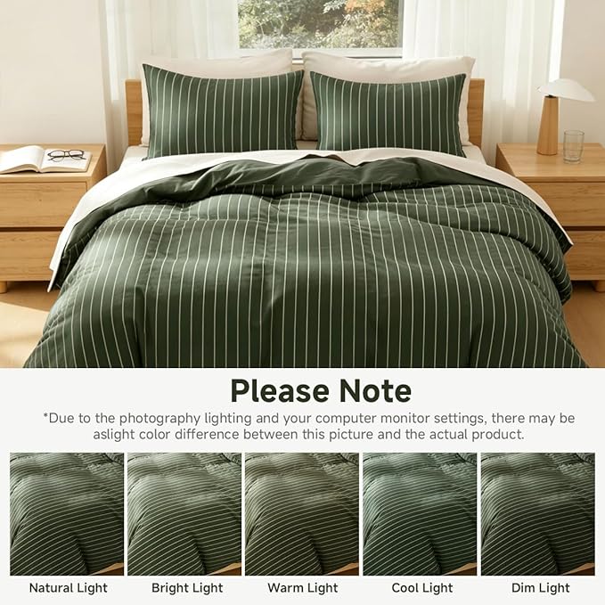 Striped Comforter Set Queen Size - 3 Pieces Green White Striped Comforter Bedding Sets Checkered Pattern,Queen Bed in a Bag with Stripes Comforter and 2 Pillowcases