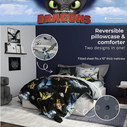 How to Train Your Dragon Kids Bedding Super Soft & Cozy Reversible Microfiber Comforter and Sheet Set with Sham, 5 Piece Twin Size, (Officially Licensed Product) By Franco