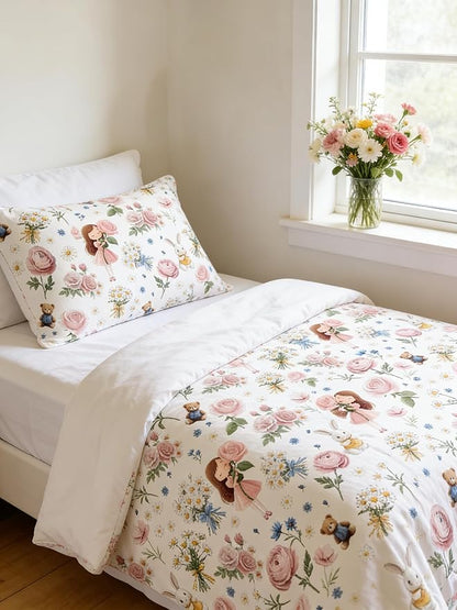 Girls Priness Botanical Comforter Set Full Size, 3Pcs Pink Rose Bedding for Kids Kawaii Bedroom Decor, Cute Priness Girly Rabbit Bear Comforter Set with 2 Pillowcases, 79"x90"