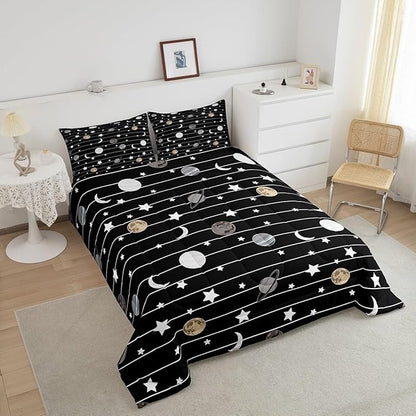 Cartoon Planet Boys Girls Comforter Set Full Size,Starry Galaxy Duvet Sets Teens Bedroom Decor,Moon Night Black White Lines Brushed Microfiber Soft Bedding Comforter