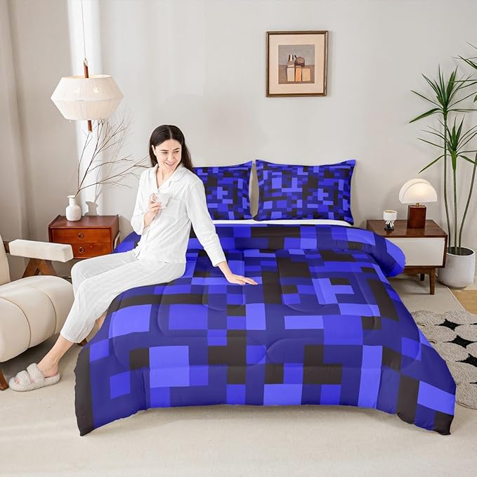 Pixelated Blocks Kid Comforter Set Queen Size,Army Camouflage Miners Game Bedding Set,Boy Room Decor,Geometric Grid Patchwork Quilt Comforter,Black Dark Blue Duvet Set Bedroom Quilt Set,2 Pillowcases