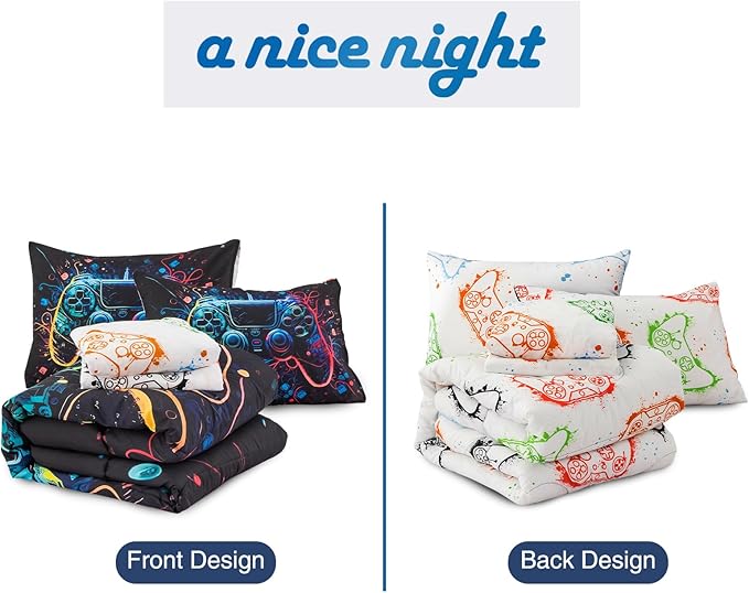 A Nice Night Boys Full Size 5-Piece Game Console Comforter Set, for Kids Teen 3D Colorful Background Space Universe Gamepad Gaming Printed Matching Sheet Sets