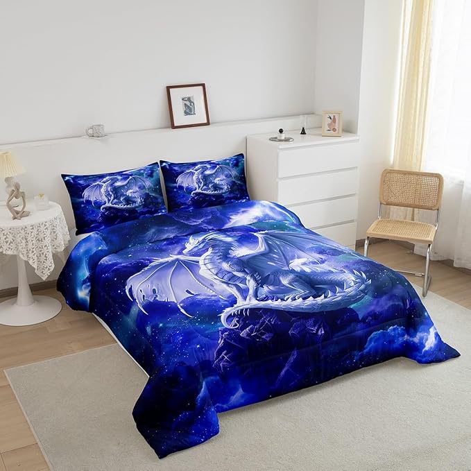 Western Magical Dragon Bedding Set Full Size,Starry Sky Glitter Comforter Set for Kids Boys Girls Room Decor,Galaxy Nebula Wildlife Duvet Insert 3Pcs,Nature Animal Blue Quilt Set,2 Pillowcases