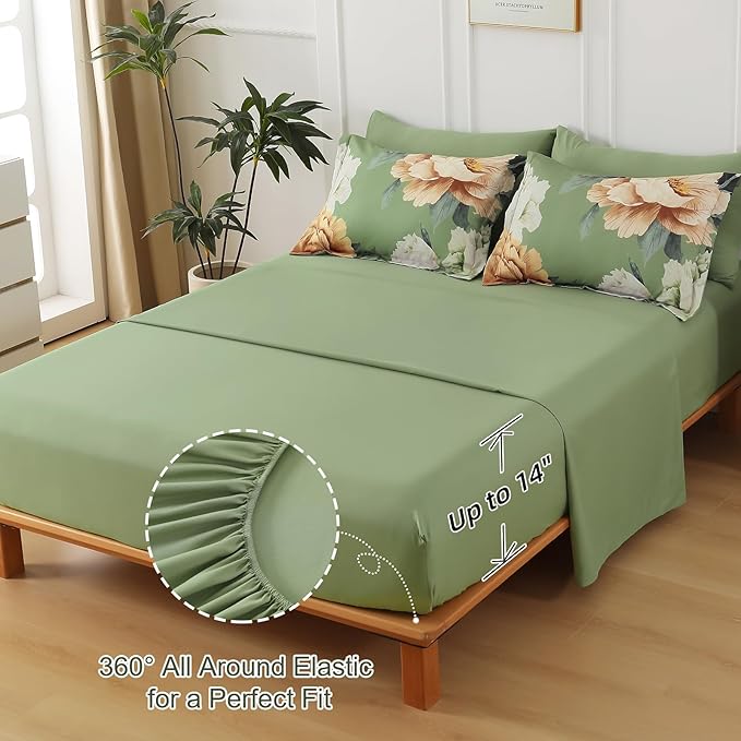 Dobuyly Queen Comforter Set 7 Piece Bed in a Bag, Olive Green Floral Comforter Set with Sheets, Soft Microfiber Botanical Flower Bedding Set for All Season