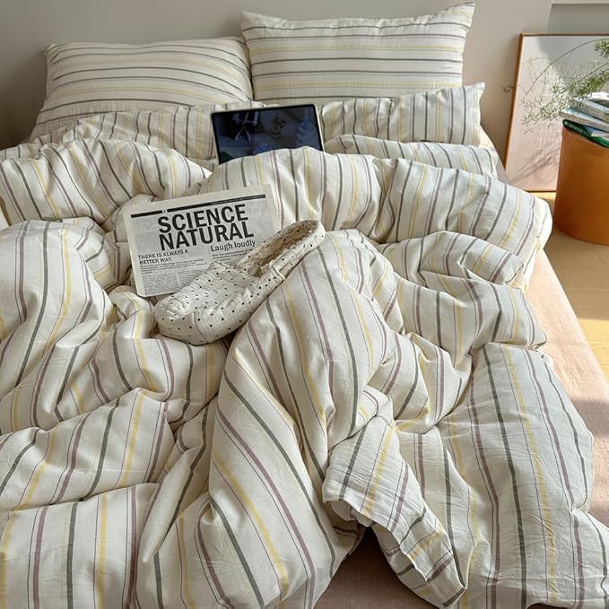 EAVD Retro Striped Duvet Cover Set King Size 100% Cotton Chic Stripes Printed Bedding Set with 2 Pillowcases Vintage Geometric Pattern Duvet Cover with Zipper Closure(Yellow&Green&Brown, King)